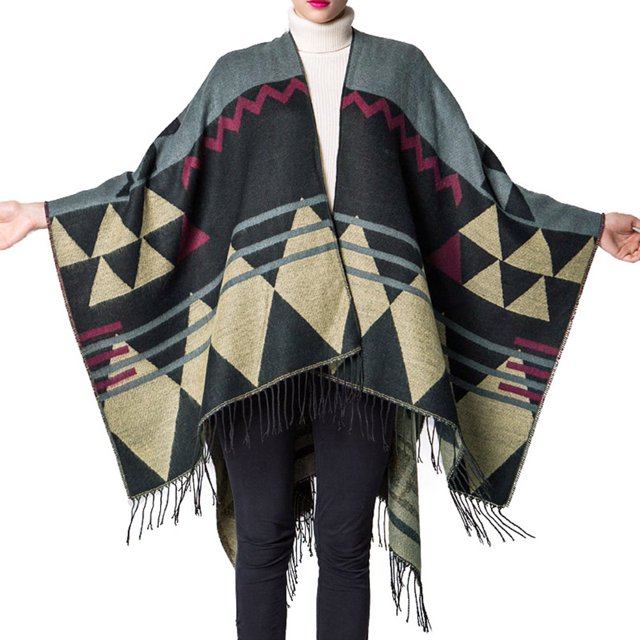 Las mujeres de punto mantón del poncho de imitación de la cachemira El modelo geométrico de la borla