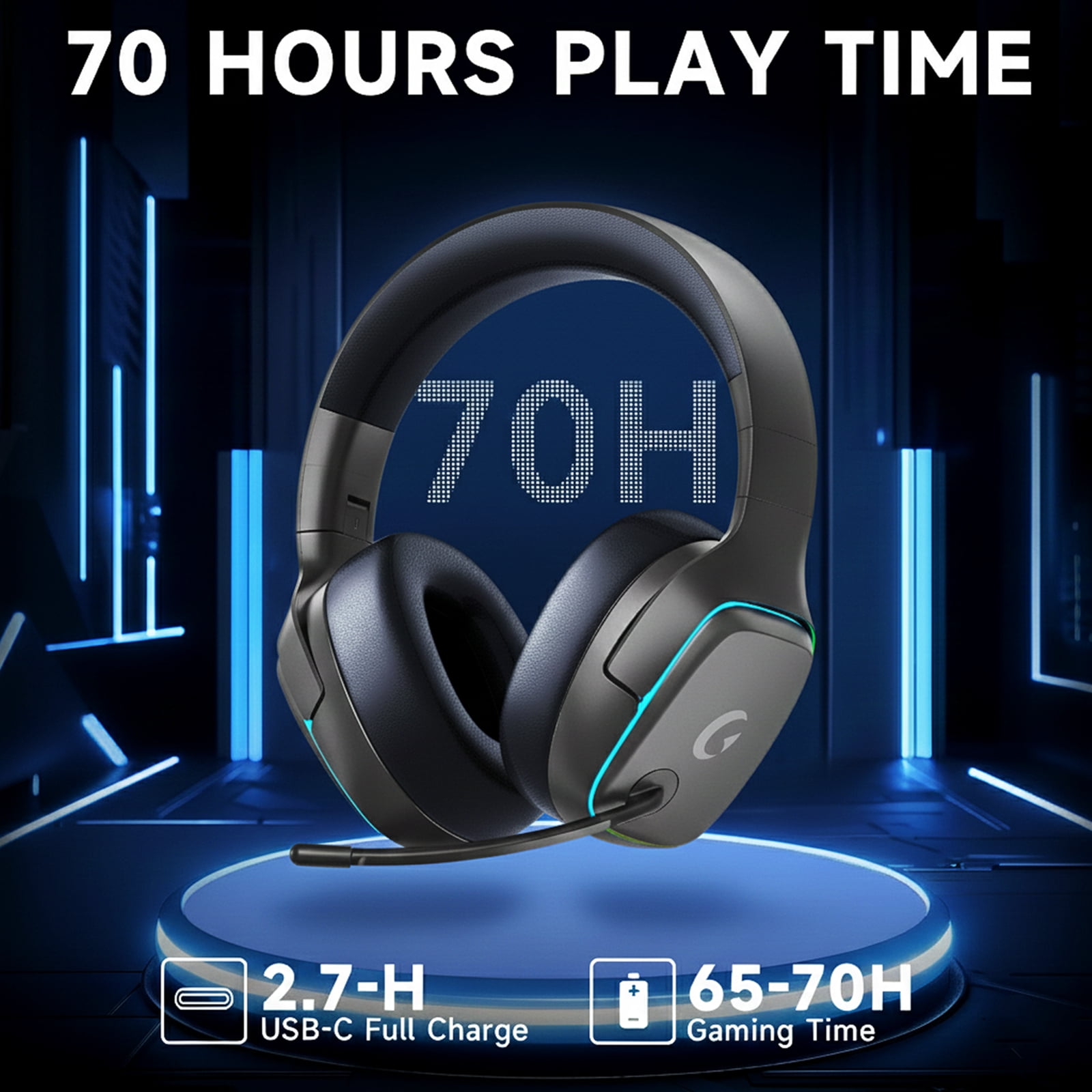 Wireless Gaming Headset 2.4GHz for PS5/PS4/PC/Switch,Bluetooth 5.3 Headphones with Noise-Canceling Mic, 7.1 Surround Sound, 70H Battery Life, RGB Lights, Foldable, Portable-Light gray-black