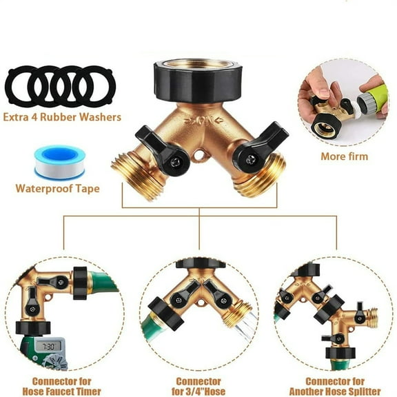 TOPRenddon Hose Splitter, 2 Way Heavy Duty Brass Garden Hose Splitter, for 3/4" Hose Connector, Brass Garden Hose Manifold with Rubber Washers & Tapes