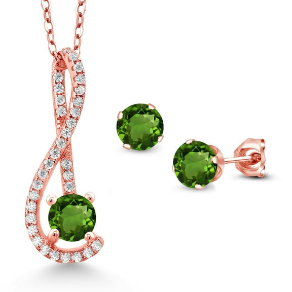 Gem Stone King 1.76 Ct Green Chrome Diopside White Created Sapphire 18K Rose Gold Plated Silver Pendant and Earrings Jewelry Set