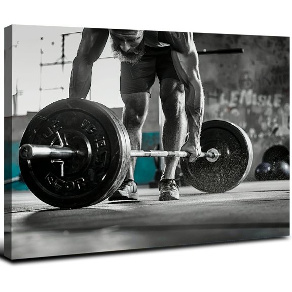 Acheng Gym Canvas Wall Art Barbell Dumbbell Workout Picture Prints Black White Sport Painting for Home Gym Gift for Body Builder Framed Ready to Hang 20x16inch