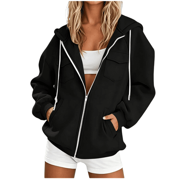 CBASIHI Womens Oversized Zip Up Hoodie Sweatshirts- Casual Athletic Fall Long Sleeve Lightweight Hooded Jacket with Pockets Black Size S-2XL