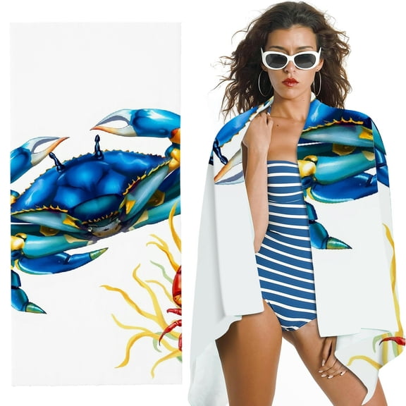 RKSupls Blue Crab Seaweed Microfiber Beach Towel, Extra Large Quick Dry Lightweight Absorbent Towel for Travel Swimming Camping, Soft Super Absorbent- 30x60 in