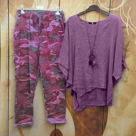 

FITORON Womens Pajama Sets- Printed Crewneck Short Sleeve Pullover Shirt Tops + Pants Trousers Set Purple XL