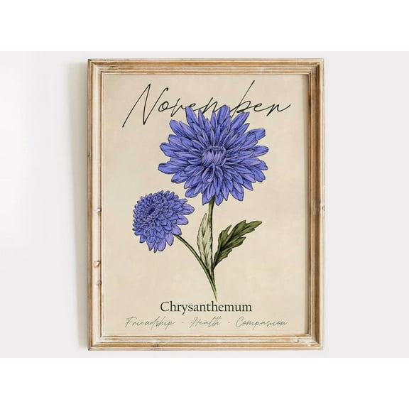 November Birth Flower Chrysanthemum Art Print Cross Stitched Style Botanical Wall Decor For Autumn Display UNFRAMED Poster, 8x12