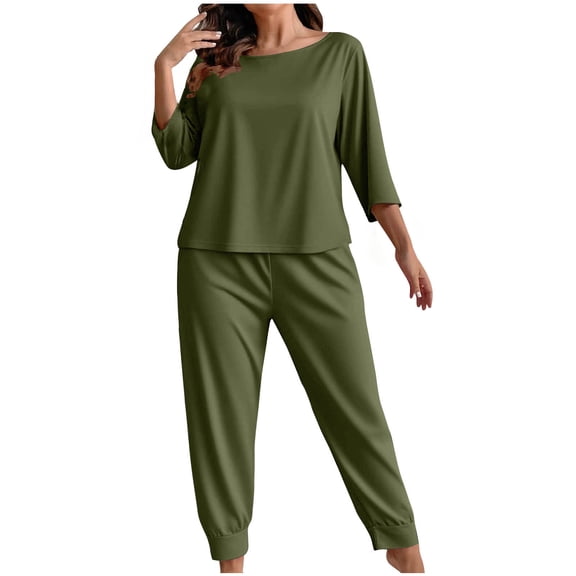HomeGardon Two Piece Sets for Women Plus Size Fashionable Solid Color Long Sleeved Pants Casual Home Suit Set