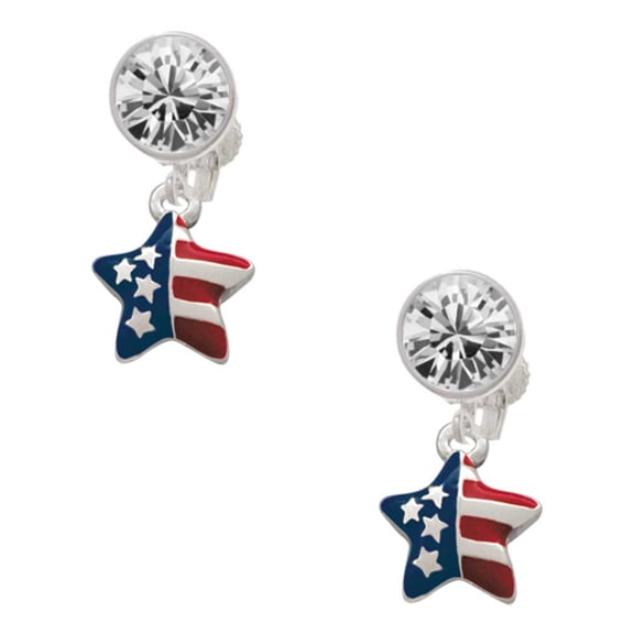 Silvertone Mini USA Patriotic Star Clear Crystal Clip On Earrings