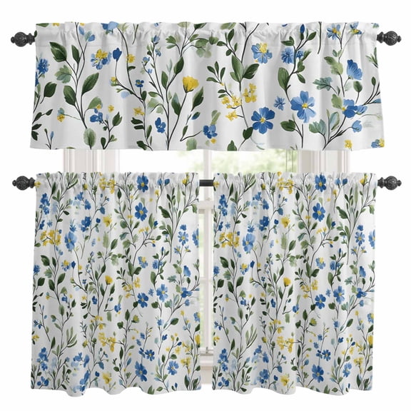 Blue Yellow Floral Spring Kitchen Curtains Sets for Windows 24 Inch Length, Summer Botanical Green Pastoral Rod Pocket Window Treatments Tier Curtains and Valances Set for Bedroom/Bathroom