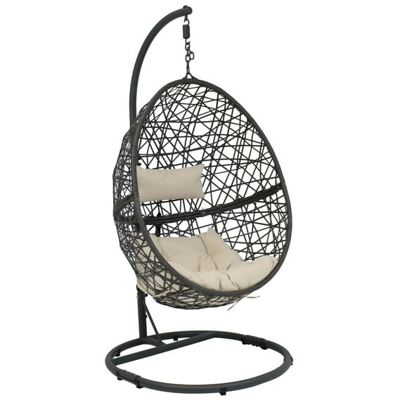 Sunnydaze Caroline Resin Wicker Egg Hanging Chair with Cushions and Stand, Beige