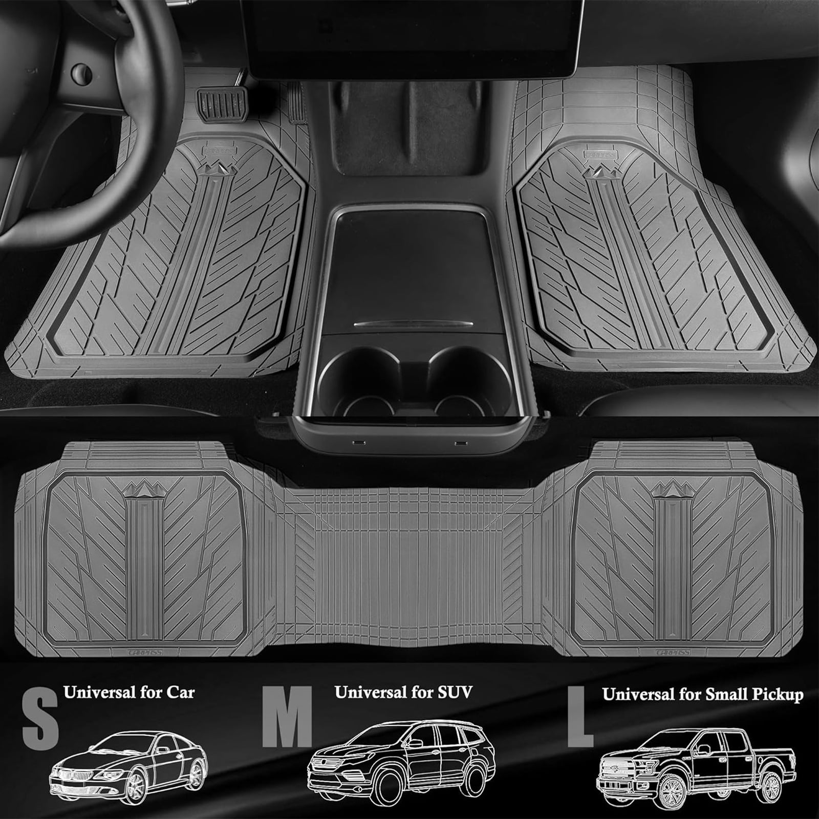 CAR GRAND Heavy Rubber Car Floor Mats, Deep Waterproof Car Mats All Weather, Universal Trim-to Fit Automotive Floor Mats for Car SUV Truck Van, Durable Floor Liners All Gray