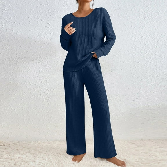 BLTIBY Womens Knit Pinstripe Pajamas Set Winter Textured Pullover Top and Wide Leg Pants Warm Loungewear Sleepwear Dark Blue L