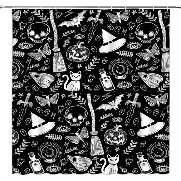 shiyou-Black Halloween Shower Curtain Spooky Skull Bat Pumpkin Alchemy Magic Witch Cat Scary Palmistry Boho Halloween Gothic Horror Bathroom Decor Fabric Bathroom Sets with Hooks