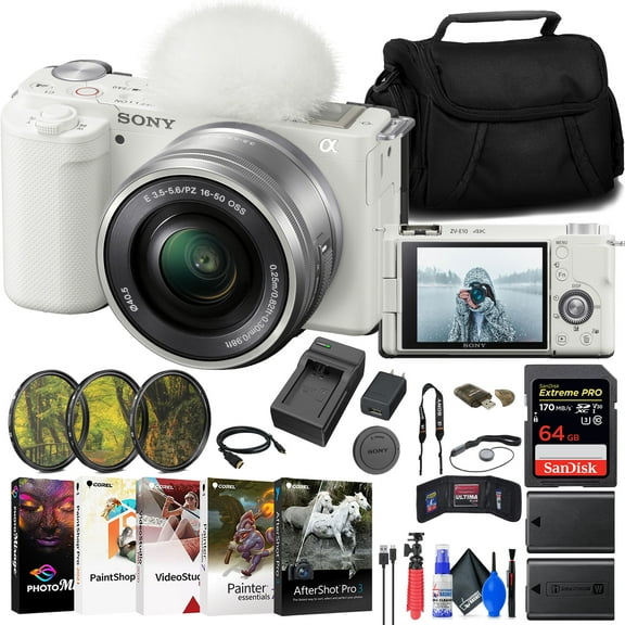 Sony ZV-E10 Mirrorless Camera w/ 16-50mm Lens (White)   Extra Battery   Software(International Model)
