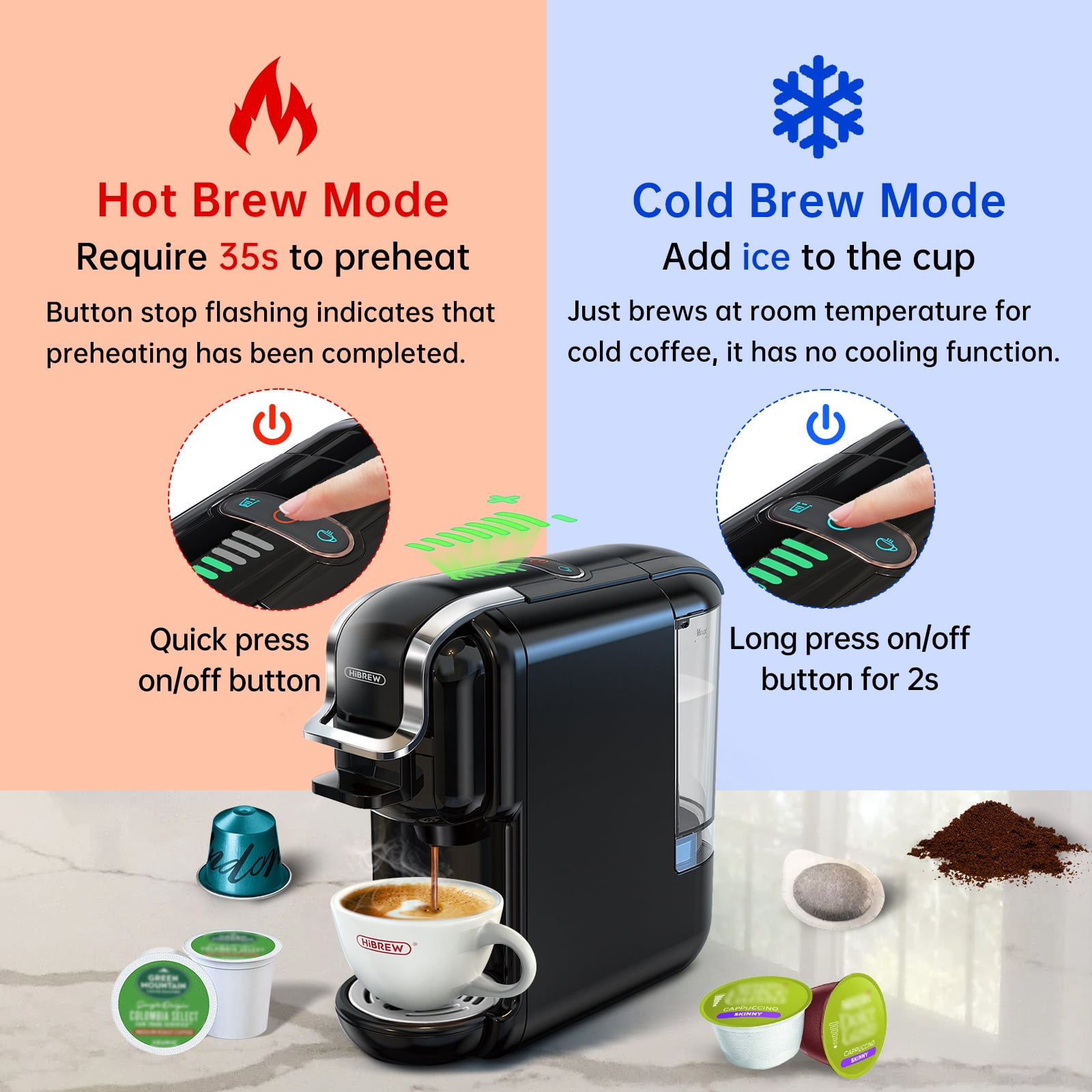 HiBREW 5-in-1 Expresso Machines for Home, Compact Coffee Machine for Pods, Capsules & Espresso Powder H2B