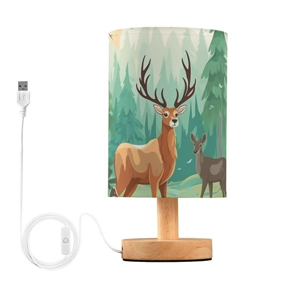 Deers in Forest Bedside Table Lamp LED Warm Lights with USB Charging Port Retro Cylinder Desk Lamps for Bedroom Living Room Office Coffee Bar Decoration