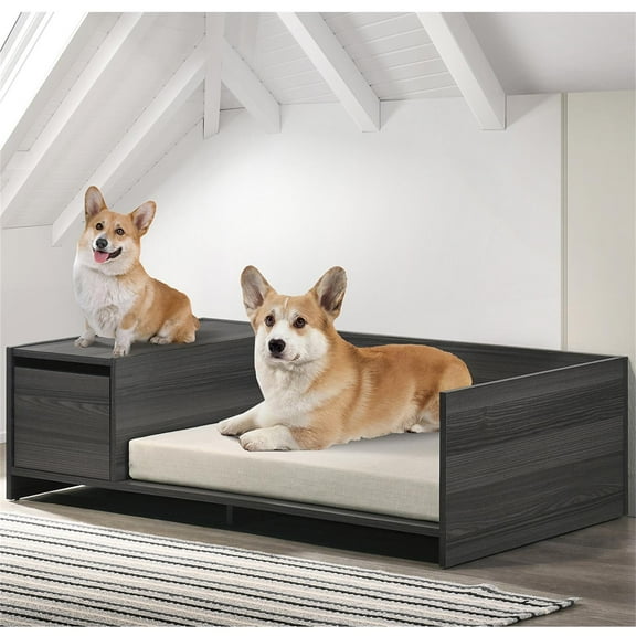 Pefilos 47" Wooden Dog Bed, Small to Medium Elevated Pet Bed with Cushion and Side Storage Compartment, Gray