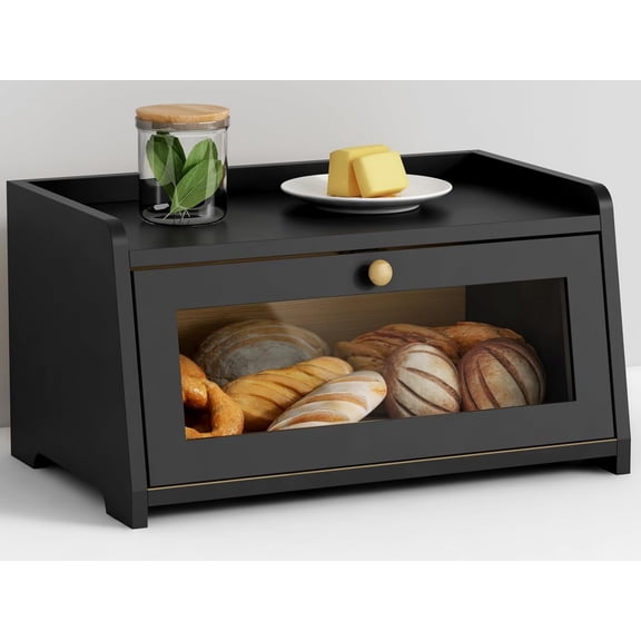 Black Bread Box for Kitchen Countertop, Small Vintage Counter Top Breadbox, Homemade Bread Storage Container for Sourdough Loaf, Farmhouse Wooden Corner Kitchen Counter Organizer for Cabinet