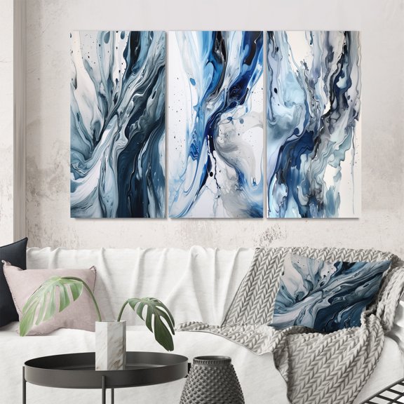 Designart "Ethereal Elixir Blue Grey Harmony I IX" Abstract Wall Art Set Of 3 - Blue Abstract Canvas Set For Living Room Decor