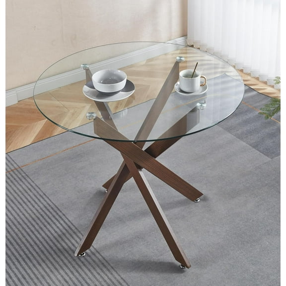36" Round Dining Table for 2-4, Modern Glass Kitchen Dining Room Table with Walnut Cross-Shape Metal Legs, Small Circle Dinner Coffee Tables for Kitchen, Dining Room, Living Room