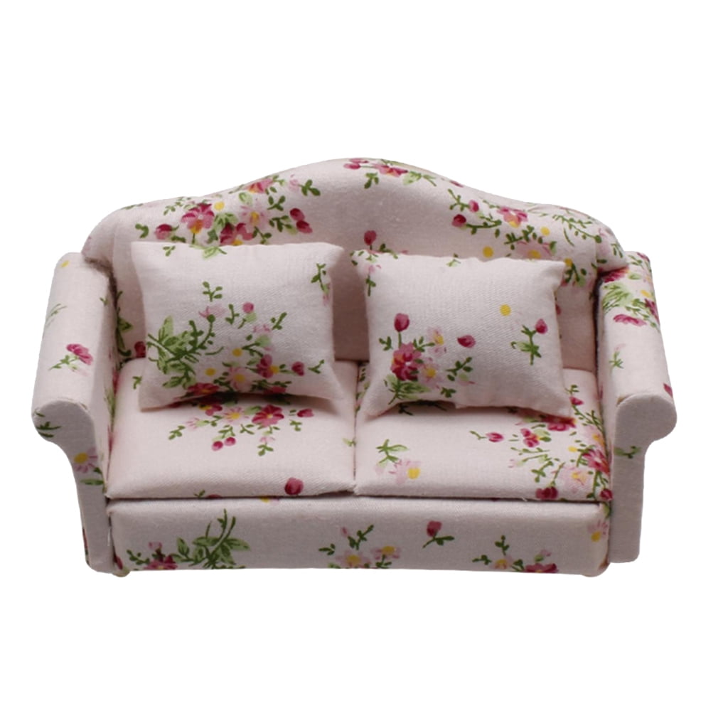 Floral 1:12 Scale Armchair Dollhouse Miniatures Furniture with Cushion Accs 