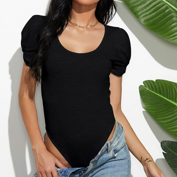 LOVZFMLL Fashion Women Round Neck Short Sleeve Pleated Solid Bodysuit Blouses Black L