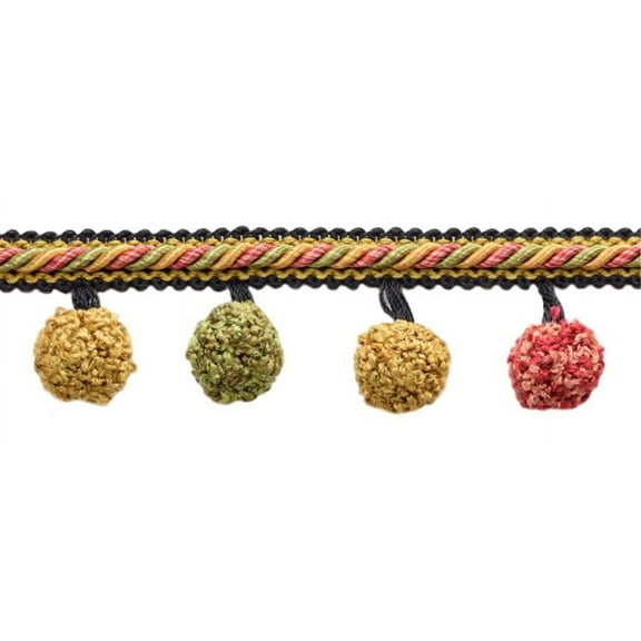 1 3/4" (4cm) Arbor Collection Pompom Tassel Fringe Trim with Decorative Rope Gimp header design # PPFAR,, Chakra Black #AR06 (Pure Black, Yellow Gold, Light Red) Sold By The Yard (36"/3 ft/0.9m)