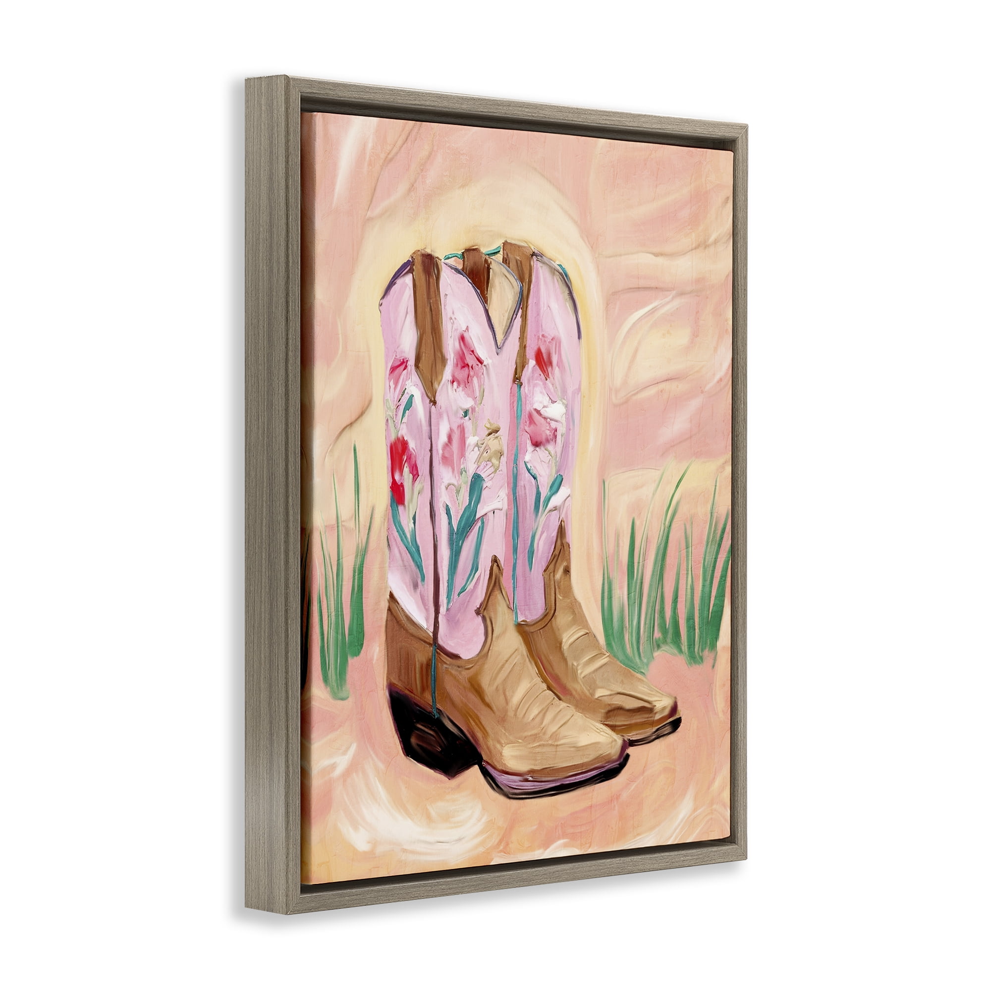 Floral Pinks Boots Brown Framed Floater Canvas Wall Art, design by Kim Allen