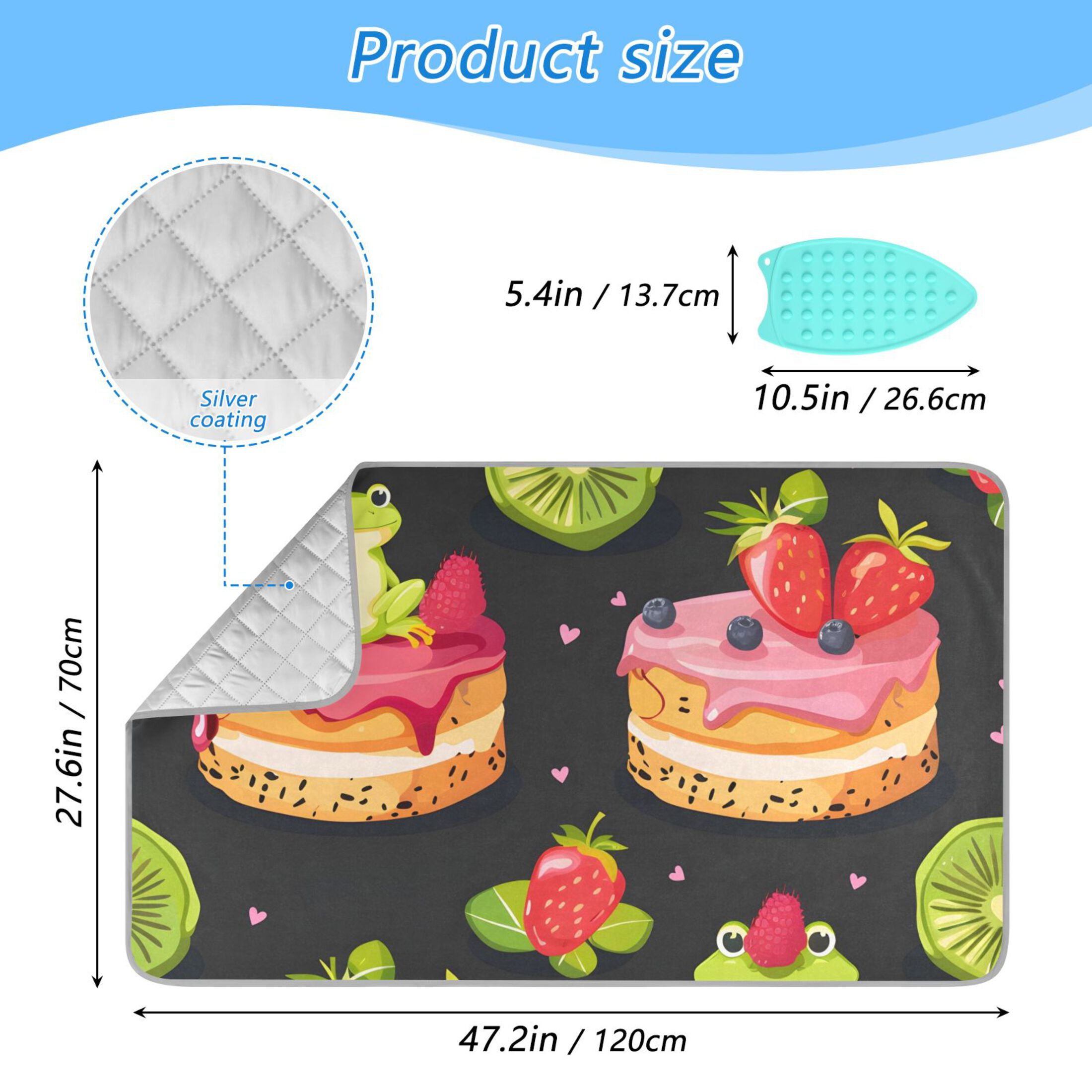 Frogs on Cakes Strawberries Kiwi Ironing Mat Blanket Portable Travel Ironing Pad Heat Resistant Pad 47.2" x 27.6”