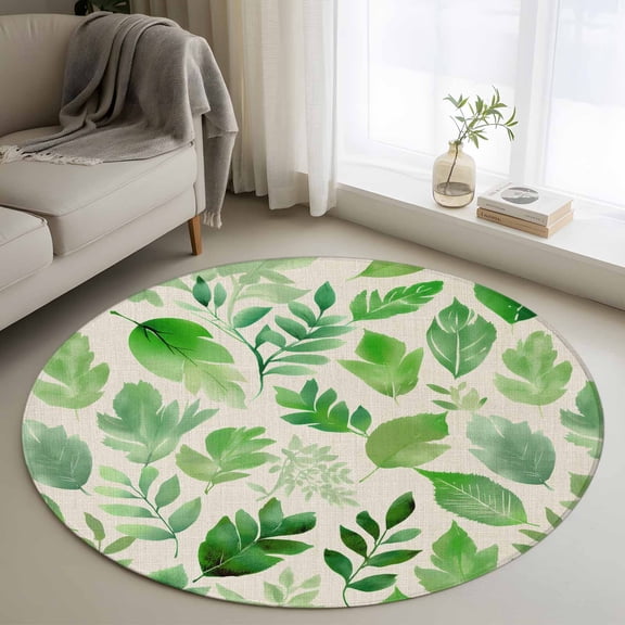 Green Leaves Round Area Rug 3Ft Washable Small Circle Rugs for Kitchen Entryway, Spring Plants Rustic Vintage Botanical Non-Slip Carpet Floor Mats Indoor Outdoor Carpet Runner Aesthetic Home Decor