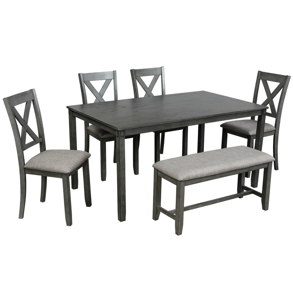 Wood Dining Table and Chair Set of 6, Dining Room Set for 6 Persons ...