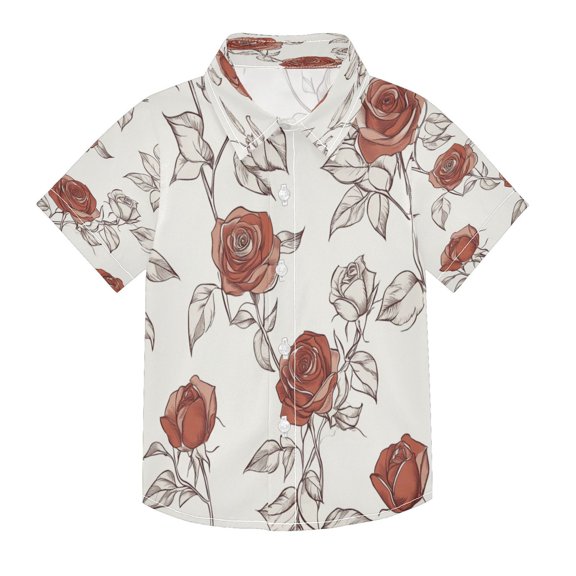 Boys Button-Down Shirt Short Sleeve Shirt Tops for 3Y Red Rose Drawings Pattern