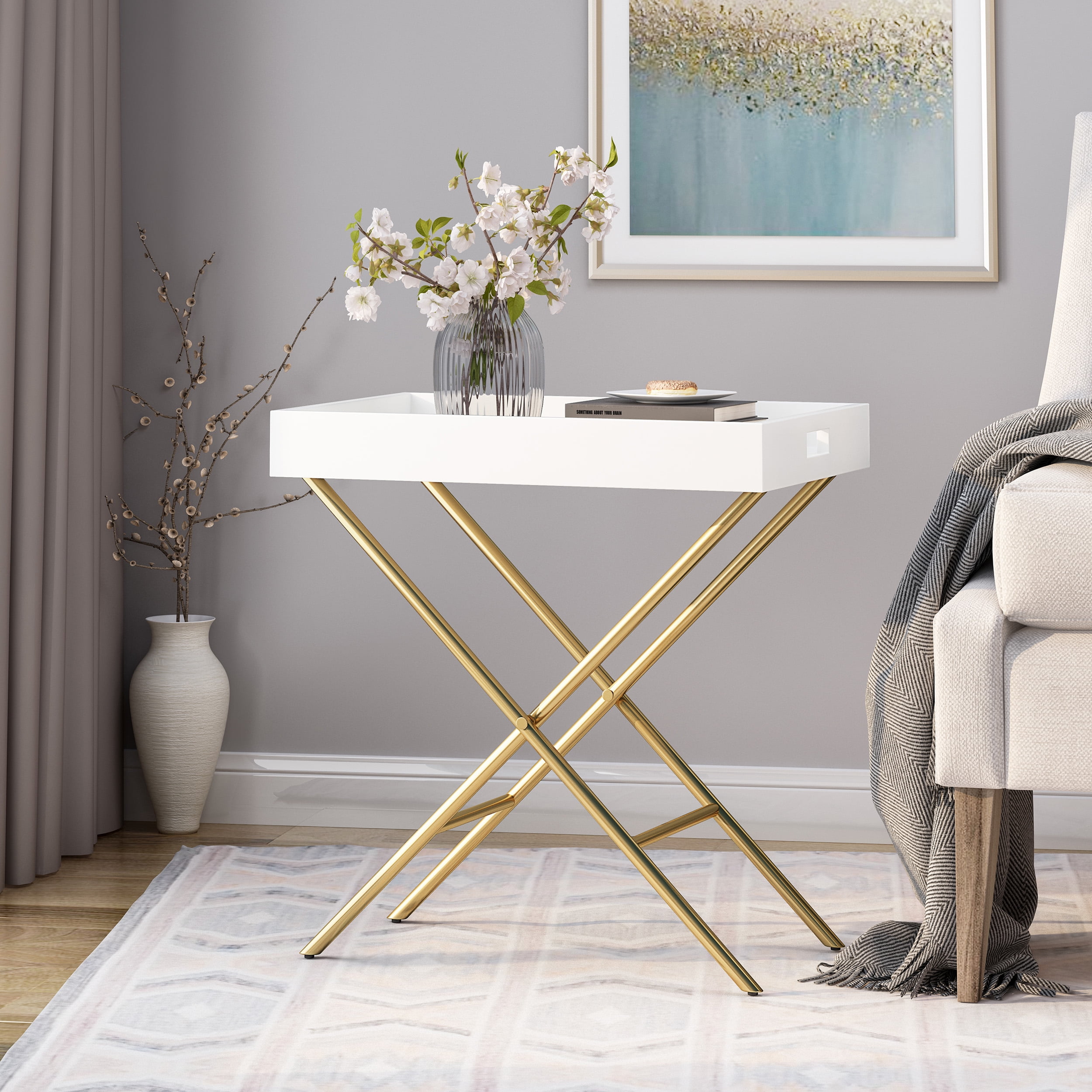 Noble House Apollo Modern Glam Faux Wood Tray Top Side Table, Matte