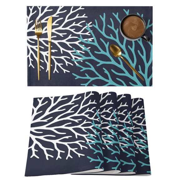 Nautical Ocean Coral Navy Blue Placemats Set of 6,Wipeable Washable Table Mats for Dining Tables, Summer Beach Place Mats for Kitchen Event Party Tabletop Decor