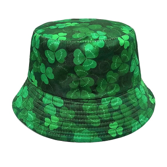 Kilaqueen St. Patrick's Day Unisex Hat Double-Side-Wear Clover Shamrock Green Print Bucket Hat Fashion Packable Outdoor Fisherman Hat