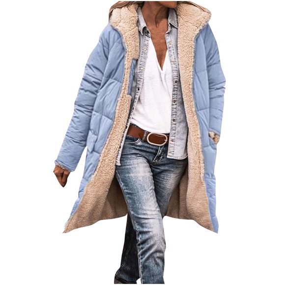 aohooy Womens Long Puffer Coats Reversible Fleece Jacket Oversized Long Sleeve Hooded Coat Winter Zip Parka Quilted Down Coat Light Blue,M