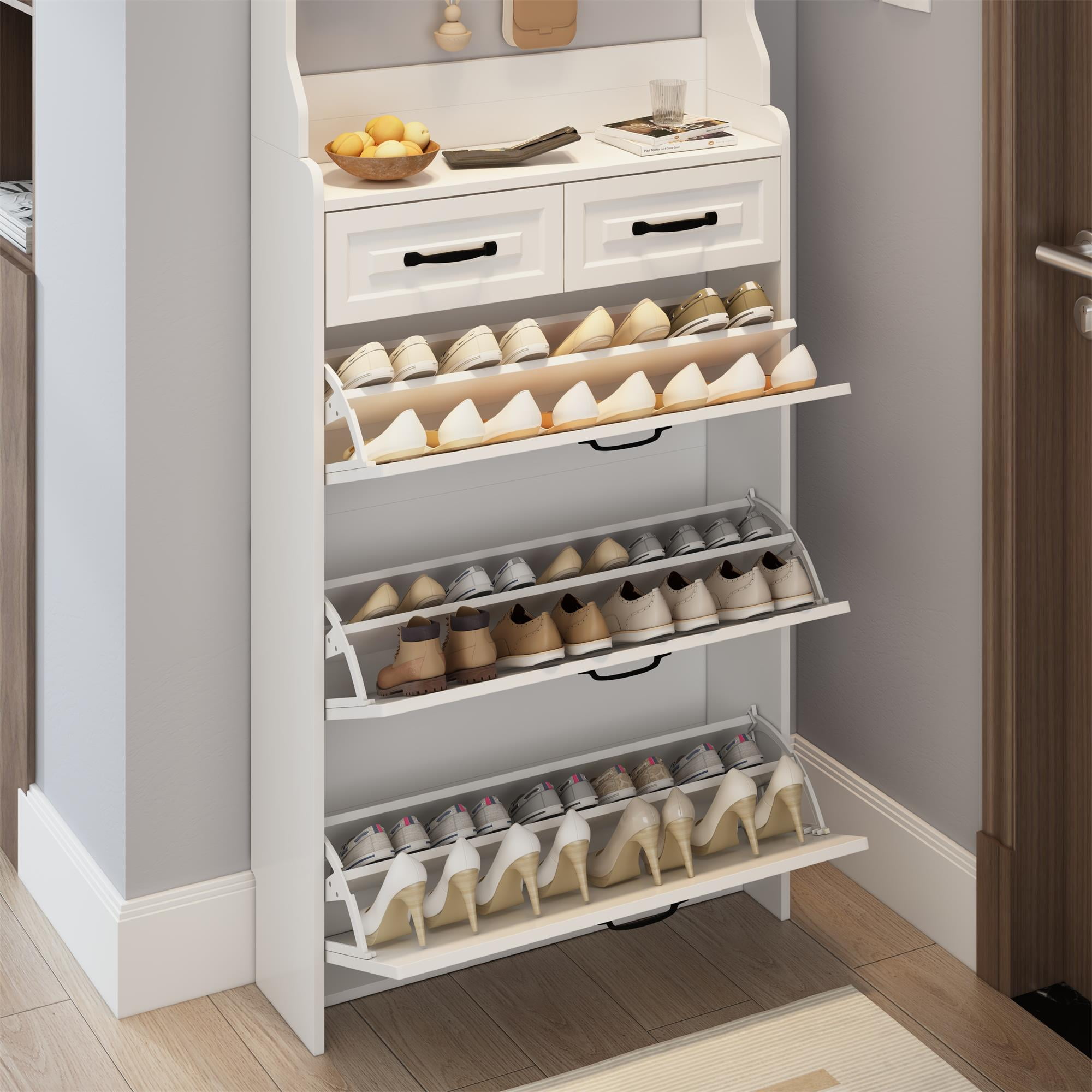 Demi Bonn Narrow Shoe Storage Cabinet, Shoe Cabinet for Entryway with 3 Flip Drawers and Hanging Rack, Wood Hidden Freestanding Shoe Organizer for Hallway, Bedroom, Apartment, White