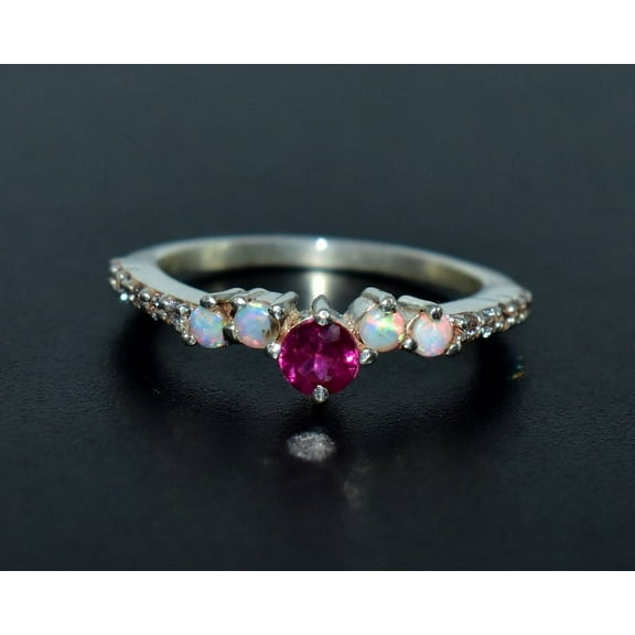 Pink Tourmaline Stackable Band Halo opal Wedding Ring in Sterling Silver Pink Tourmaline Ring, Cluster Engagement Bridal Ring Gift For Mom.