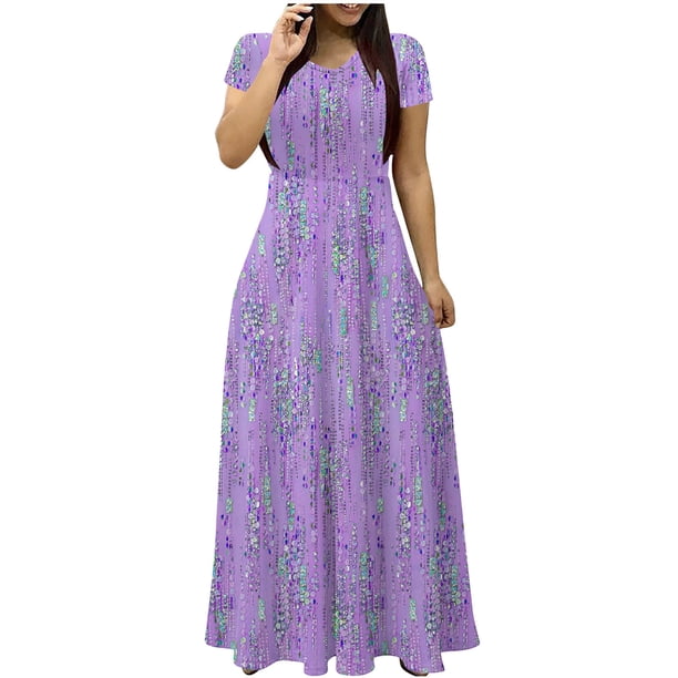 Vestido de Verano para las Mujeres Gradiente Impreso Cuello en V Manga Corta de la Longitud Del Tobillo Vestido, Vestido Corto de Verano