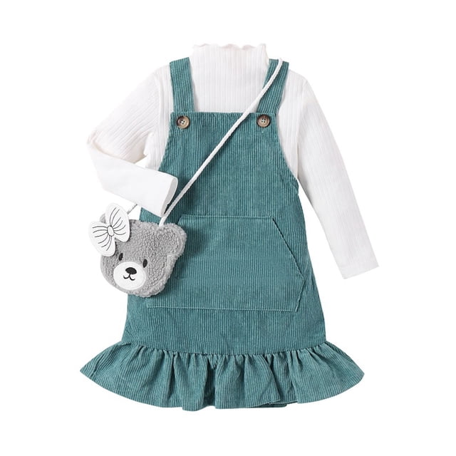 Conjunto de tres piezas para niñas, top de manga larga, vestido camisola con cinturón liso y bolso, de 4 a 7 años