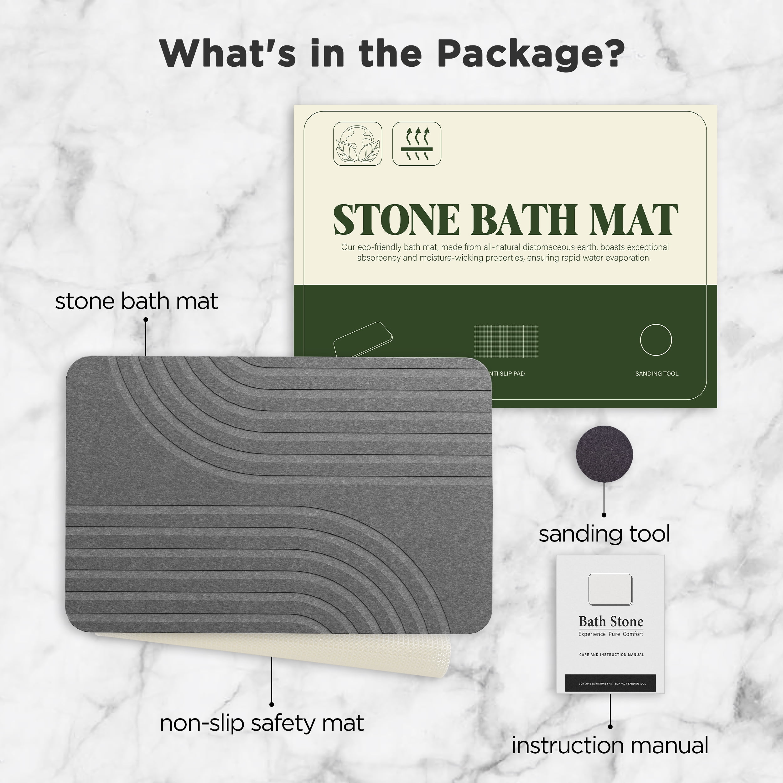 CozyNook Stone Bath Shower Mat Non-Slip Super Absorbent Gray 23.6 x 15.4