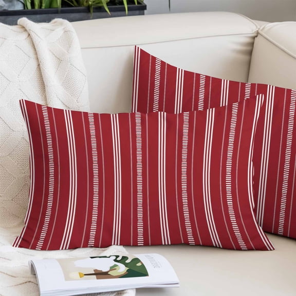 Boho Red Throw Pillow Cover, Pillowcase Protectors with Zipper, Breathable Decorative Lumbar Pillow Case Cover, Minimalist Farmhouse Striped Pillow Shams for Couch Sofa 16x24Inch