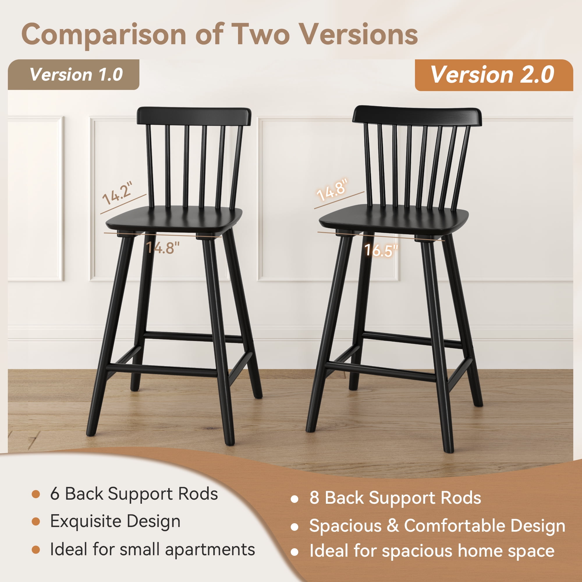 Dycanpo 24'' Windsor Wooden Counter Height Chairs Set of 3, Upgraded Farmhouse Bar Stools with Spinddle Back for Kitchen,Black