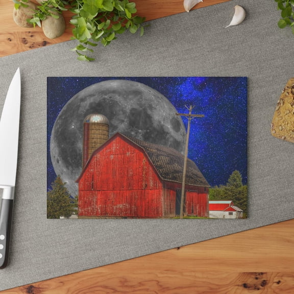 U R There Photography Moon over Hollenbeck Rustic Farmhouse Tempered-Glass Cutting Board 8"x 11"