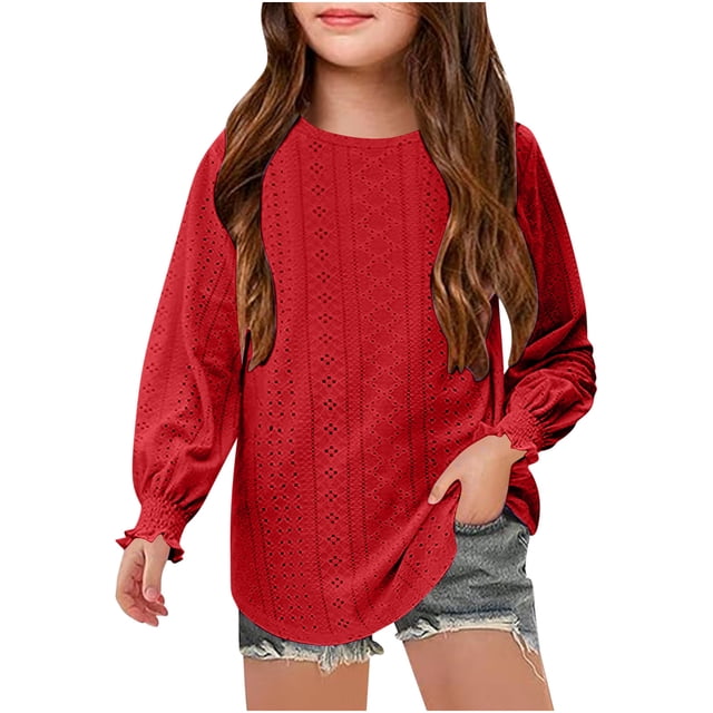 MeetoTime Chemises à Manches Longues Ajourées pour Filles de 4 à 16 Ans, Blouse Unie à Col Rond avec Poignets à Volants