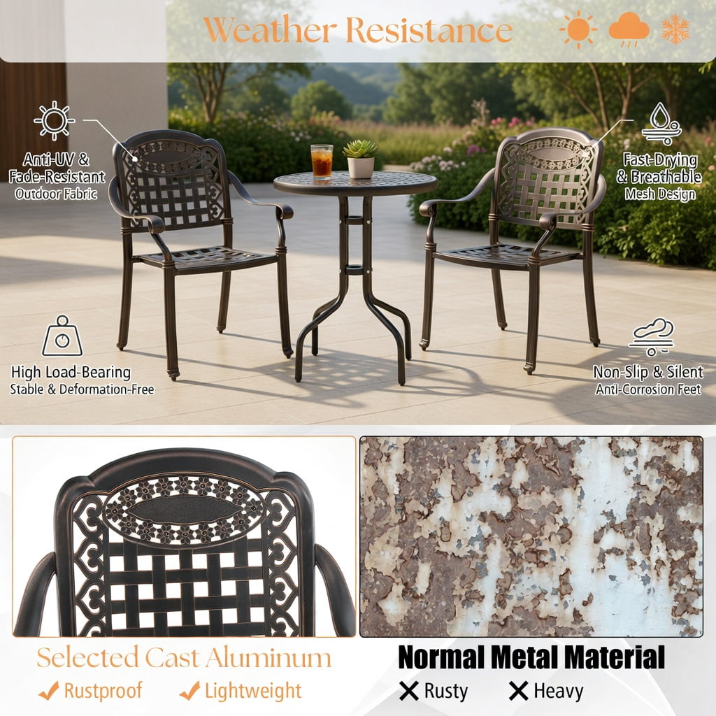 Hommoo 2-Pack Stackable Cast Aluminum Outdoor Patio Dining Chairs with Armrests, All-Weather, Indoor/Outdoor Use, Bronze