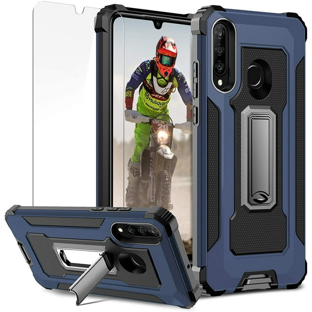 IBAOLE for Huawei P30 Lite Case Rugged Military Dual Layer Huawei P30 Lite Case with Screen Protector Metal Kickstand Heavy Duty Full Protection Shockproof Case for Huawei P30 Lite,Blue Blue -