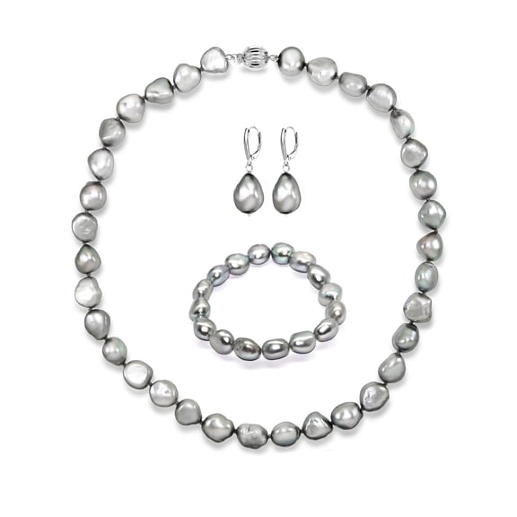 ADDURN Sterling Silver 11-12mm Baroque Ireggular Freshwater Pearl 24" Necklace, Bracelet, and Earrings Set