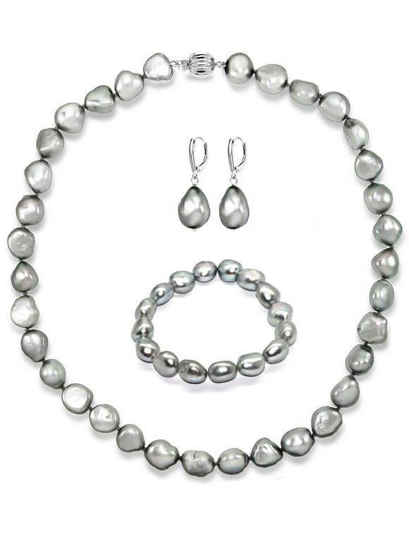 ADDURN Sterling Silver 11-12mm Baroque Ireggular Freshwater Pearl 24" Necklace, Bracelet, and Earrings Set