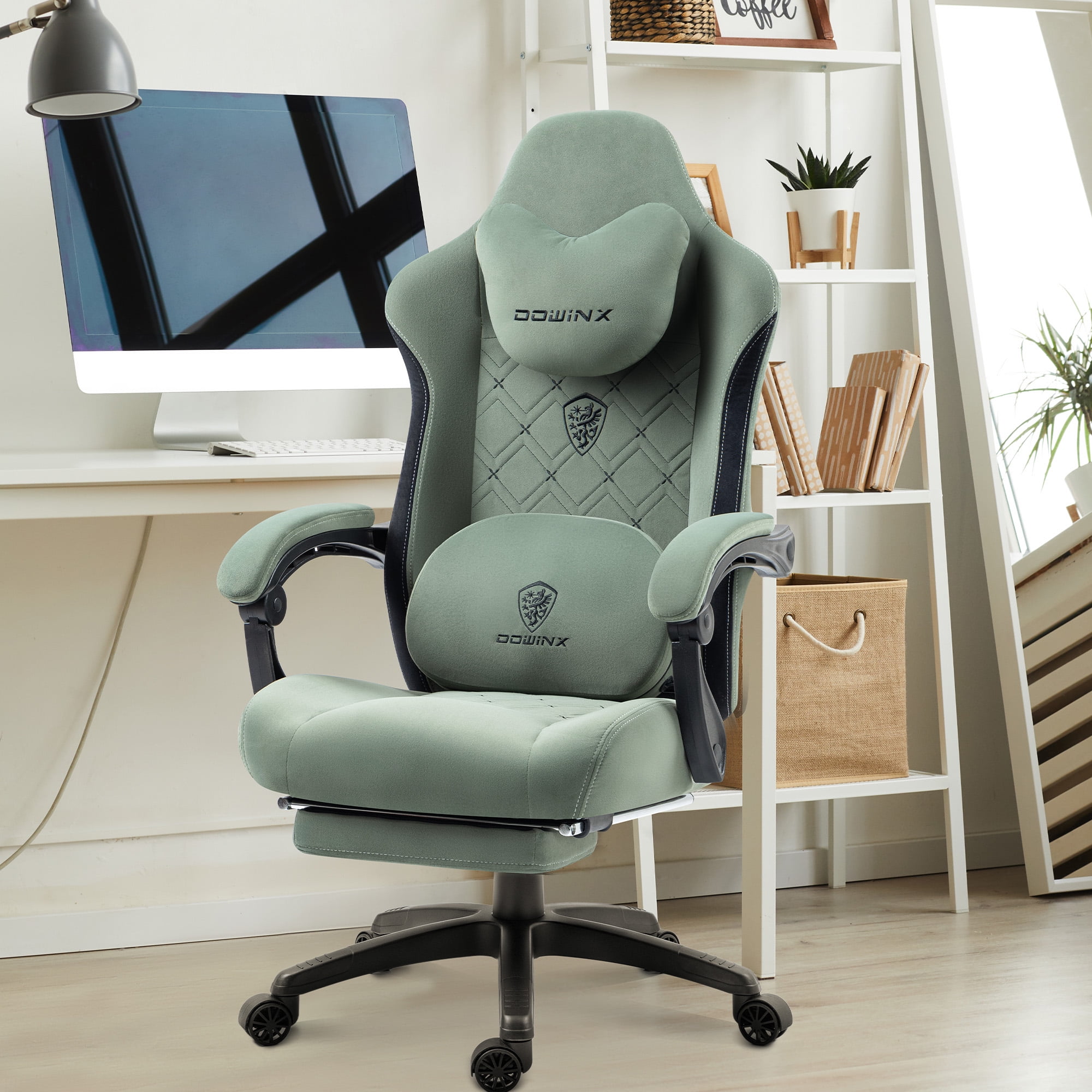 GOOSEA Fabric Gaming Chair with Heated Massage Lumbar Support, Big and Tall Game Chair for Adults, High Back PC Chair with Pocket Spring Cushion and Footrest, Green
