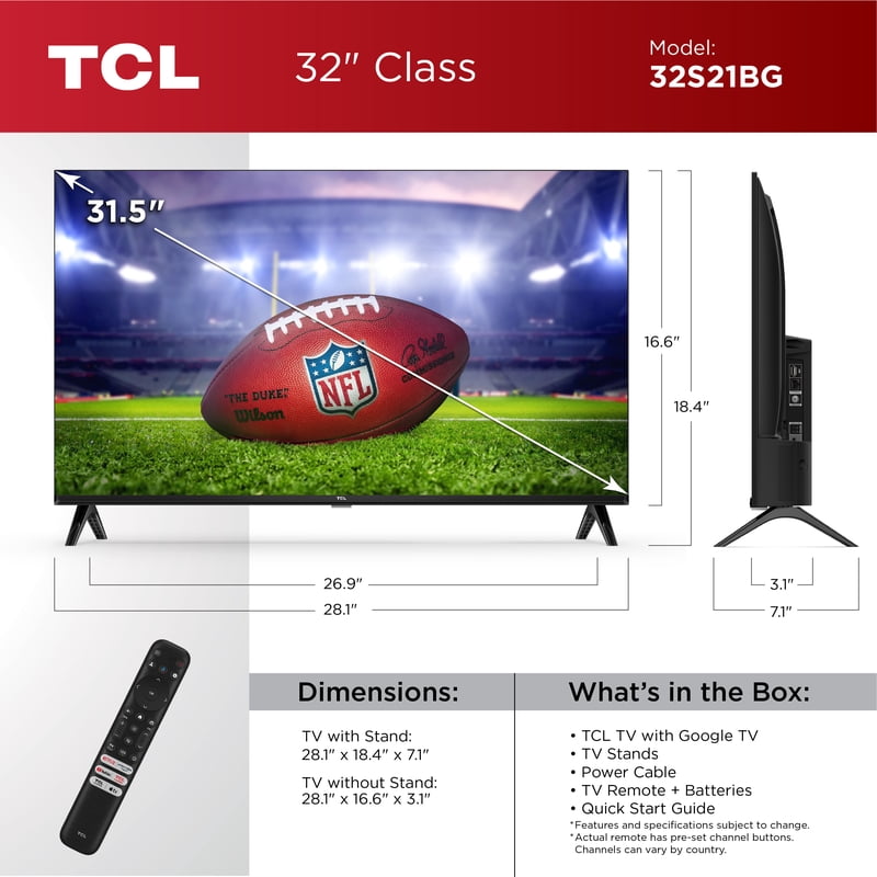 TCL 32" S Class 720P HD LED Smart TV with Google TV - 32S21BG front and back view